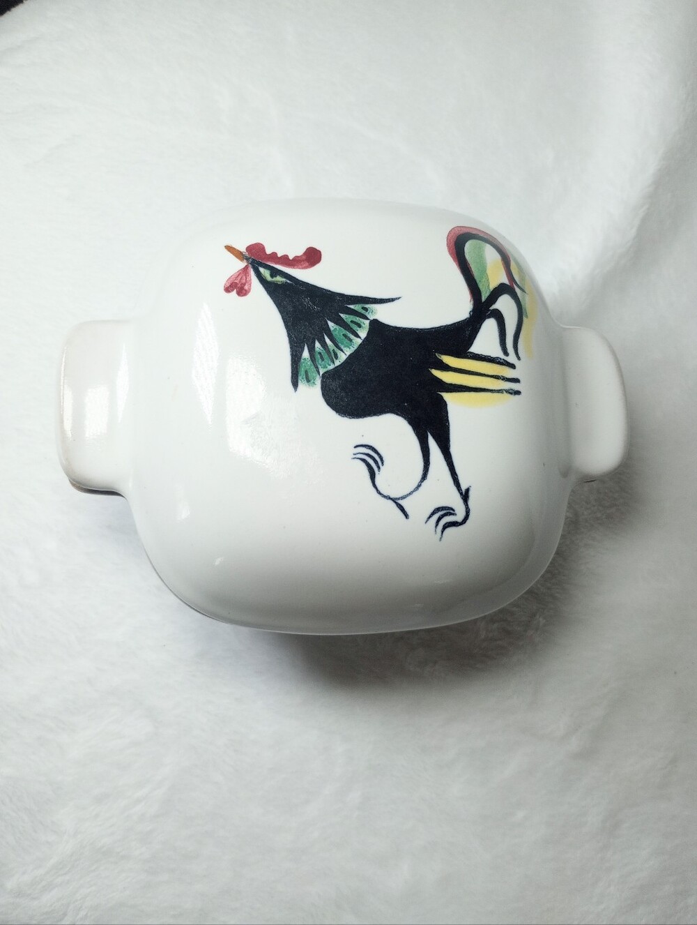 Mid Century Modern Glidden Ceramic Pottery Casserole Bowl w/  Lid Black Rooster